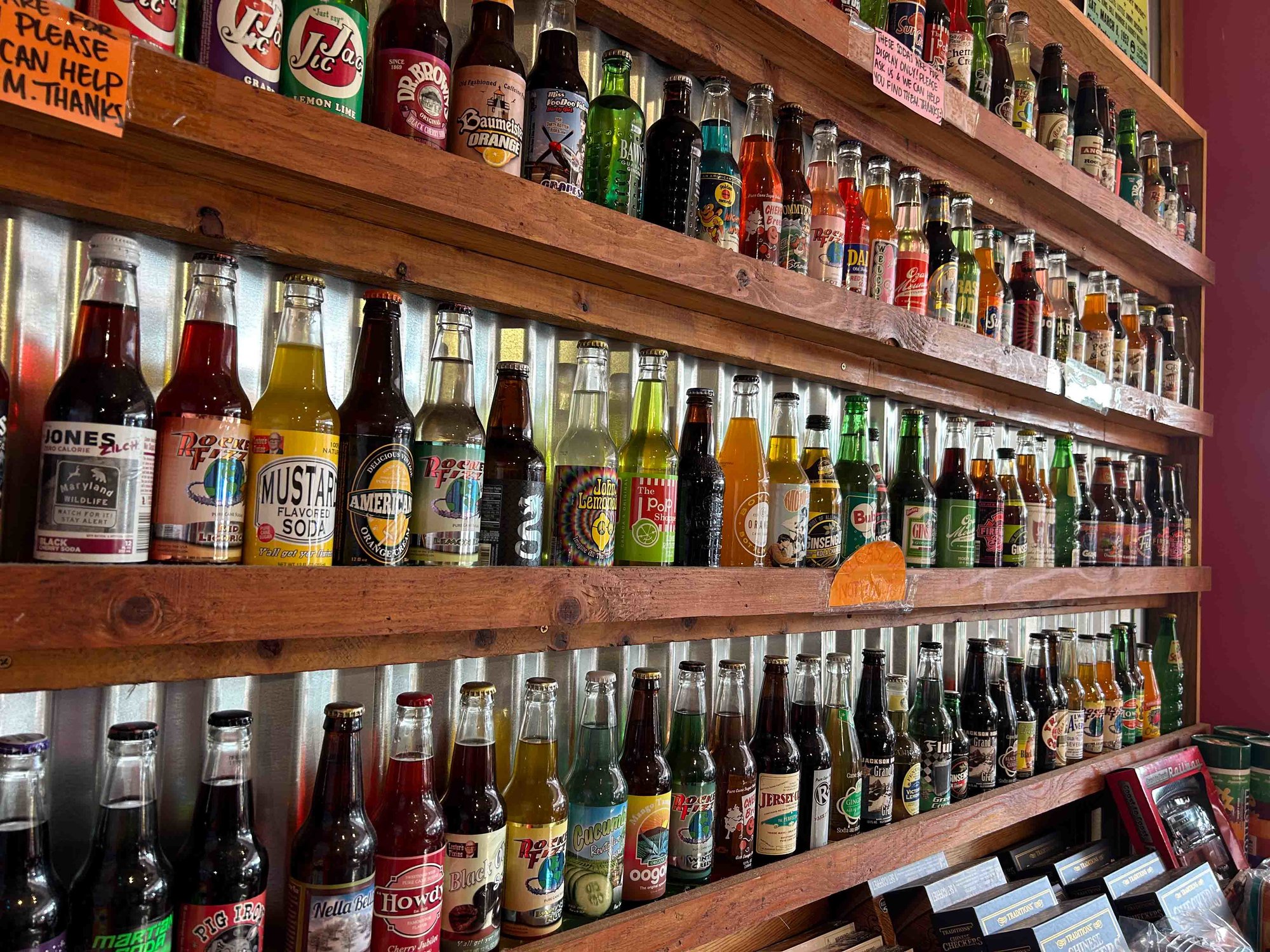 Row of sodas on shelf
